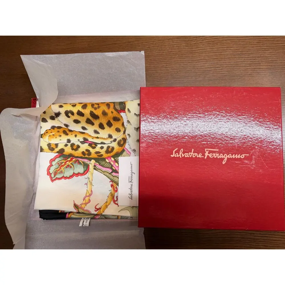 Vintage Salvatore Ferragamo Silk Scarf Cheetah Floral Black Border Made in Italy - Picture 2 of 15
